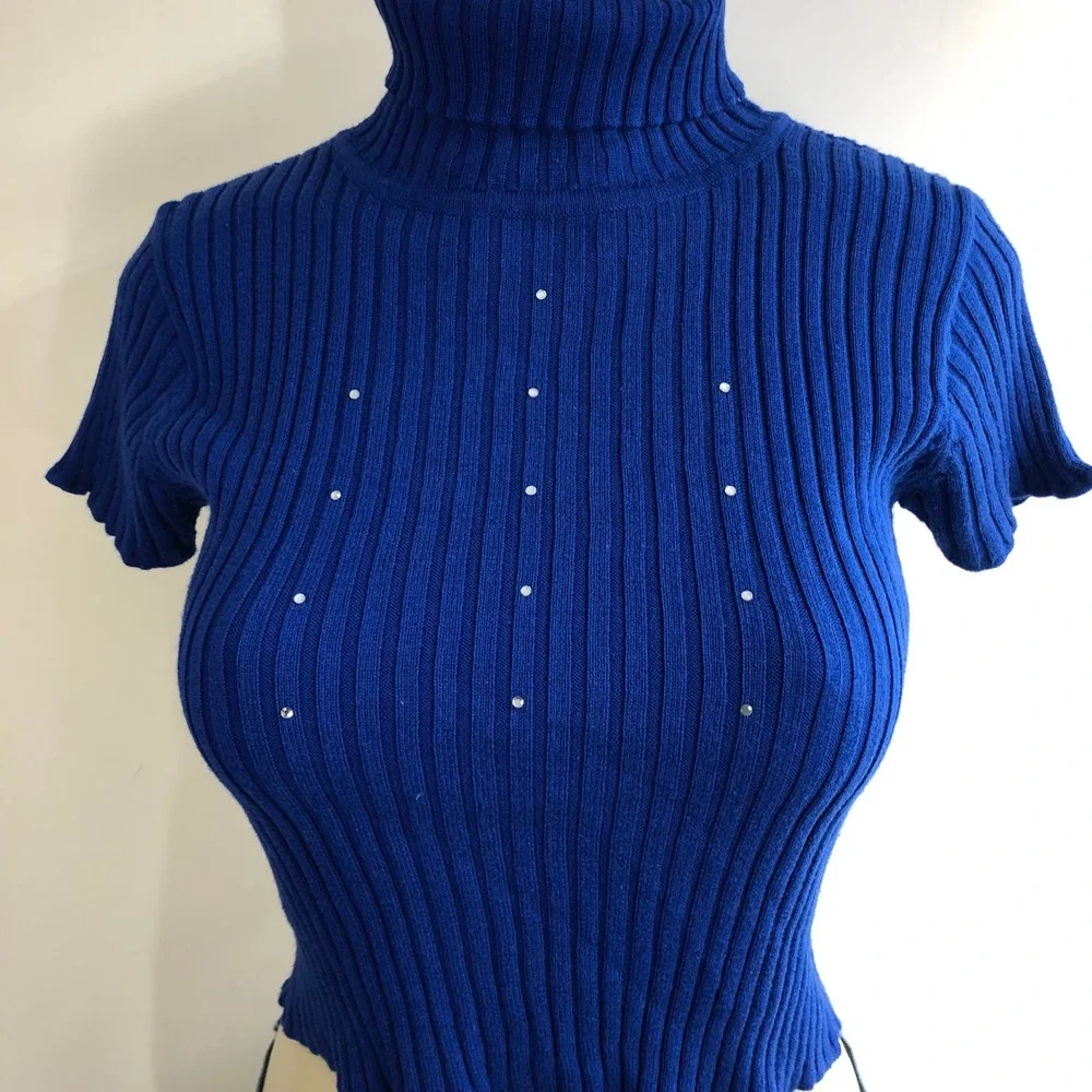Vintage 90s Y2K Cobalt Blue Rhinestone Short Sleeve Turtleneck Top Womens XS S